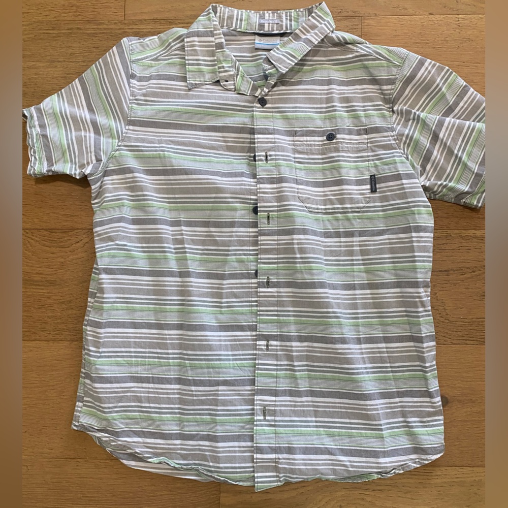 Columbia Men's Green & Gray Striped Button Down cotton Shirt size L VGUC